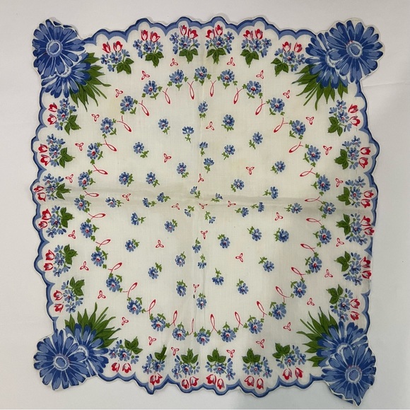 Vintage Accessories - Vintage Floral Handkerchief Blue Flowers Cottagecore Decor Hanky 13”